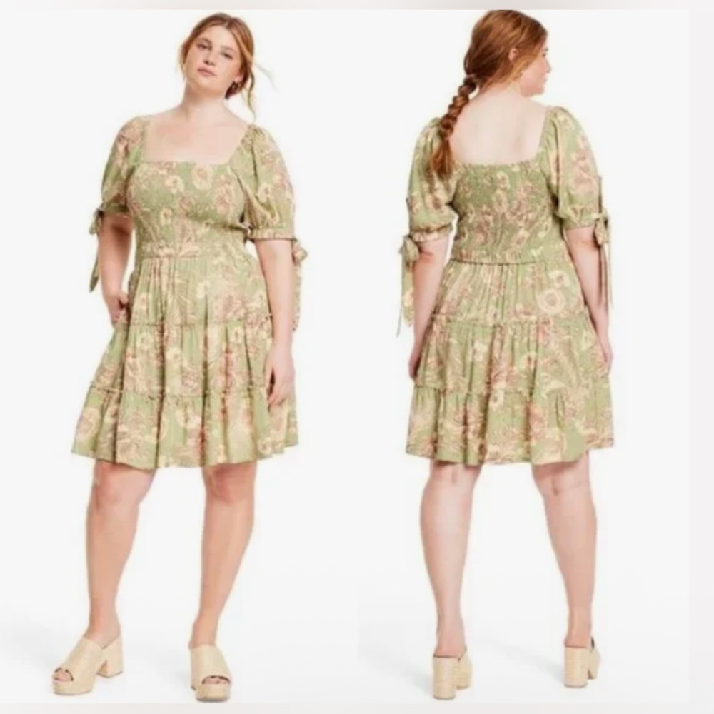 Agua Bendita x Target Women's 1X Green Floral Smocked Short Sleeve Mini Dress